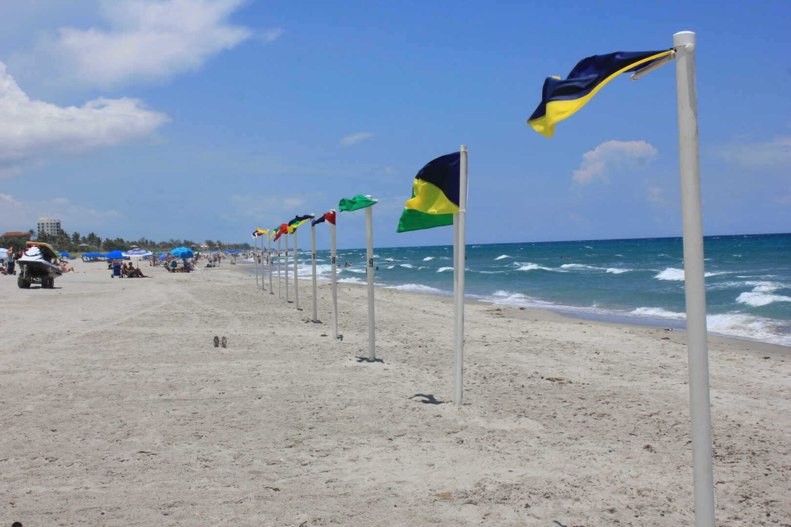 A row of flags on the beach near water.